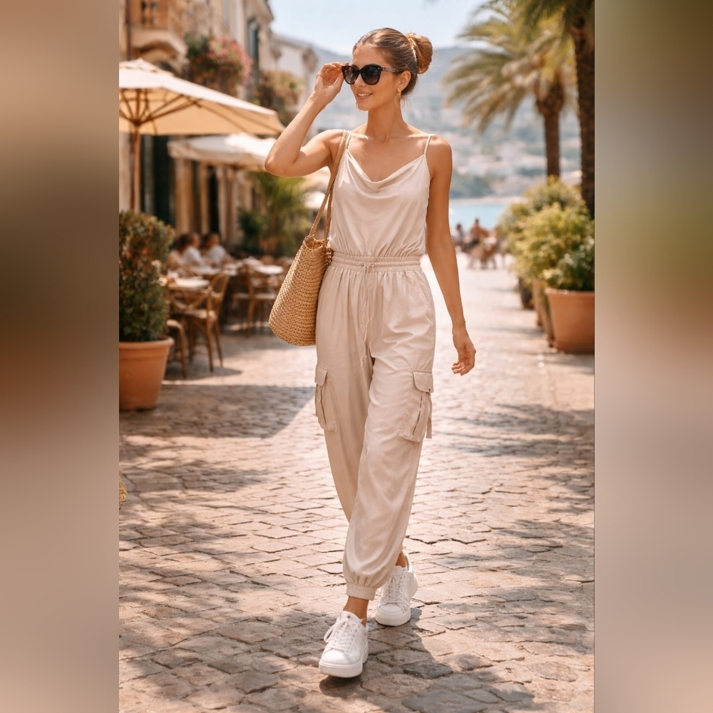 Promesa Champagne Satin Cargo Jumpsuit XL | Cowl Neck Elastic Waist Pockets